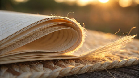 Rolled up book on wooden table with sunset light background, stock photoの写真素材