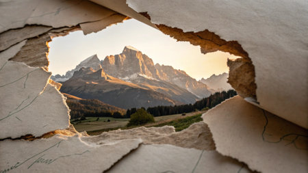 Hole in the old paper with the view of the Dolomitesの写真素材