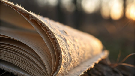 Close up of old book pages in the forest. Selective focus.