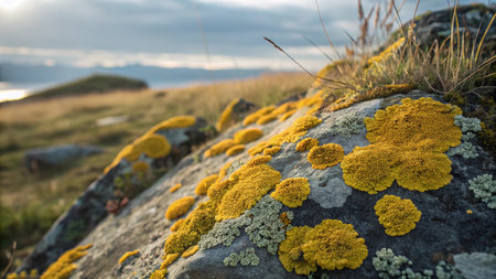 Yellow lichen on a rock in the morning light. Iceland.の写真素材