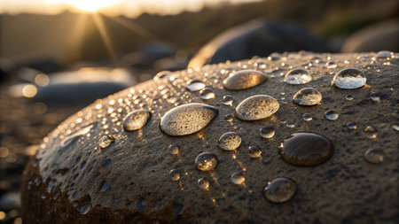 Water droplets on a stone at sunset. Beautiful natural background.の写真素材