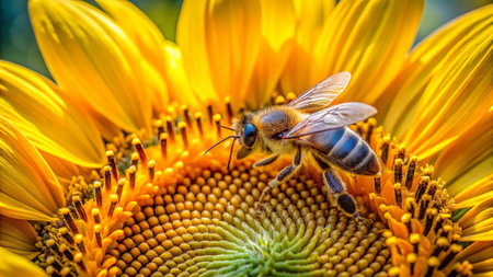 Bee on sunflower. Close up of a bee pollinating a sunflower.
