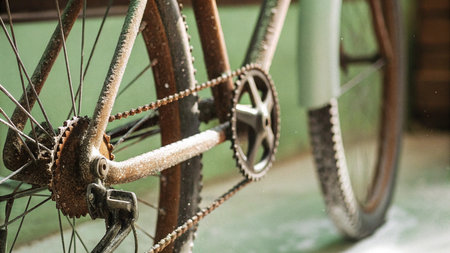 Close up of bicycle wheel with chain and chain. Selective focus.
