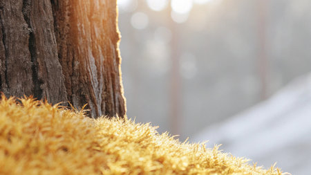 Close up of yellow grass on tree trunk in winter forest with sunlight.