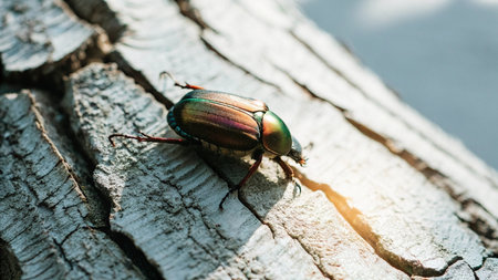 beetle on a tree trunk in the sun. close-upの写真素材