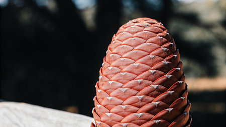 Cedar cone close up on the background of trees in the park