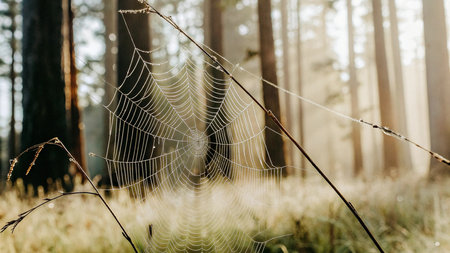 spider web in the morning misty forest. shallow depth of fieldの写真素材