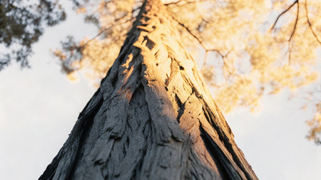 Looking up at the top of a pine tree in the forest.の写真素材