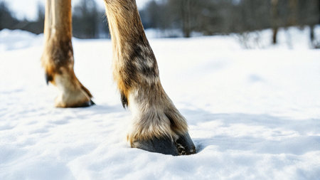 Horse hoof in the snow. Winter background. Close-up.の写真素材