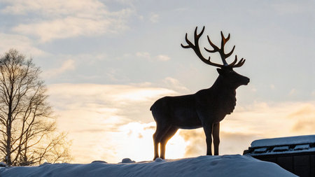 Silhouette of a deer on a hill in winter at sunsetの写真素材