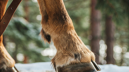 Close-up of the hooves of a horse in the winter forestの写真素材