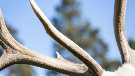 Close-up of antlers of a fallow deer against a blue skyの写真素材