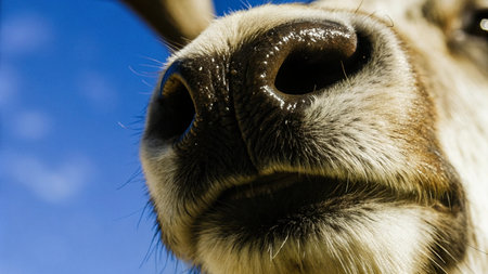 Close up portrait of a reindeer's nose with blue sky in the backgroundの写真素材