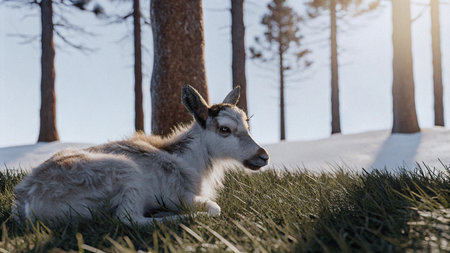White animal lying on the grass in winter forestの写真素材