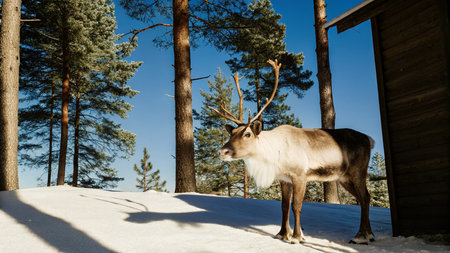 Reindeer in the winter forest. Winter landscape with reindeer.の写真素材