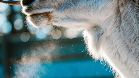 White alpaca with snow in mouth. Close-up.の写真素材