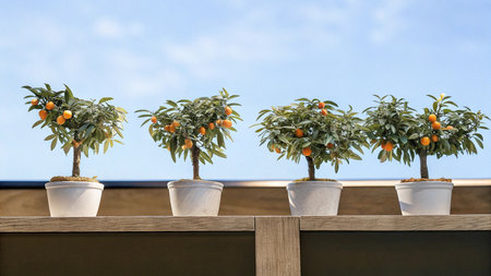 Kumquat trees in pots on the terrace of the houseの写真素材