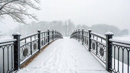 Bridge in the park in winter with snow and fog. Winter landscapeの写真素材