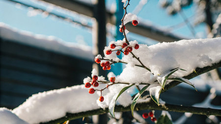 Red berries of holly covered with snow on a sunny winter dayの写真素材