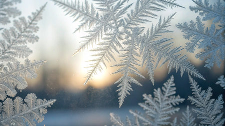 Frosty natural pattern on the window glass. Winter background.の写真素材