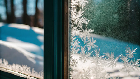Frosty pattern on the window glass in winter. Beautiful backgroundの写真素材