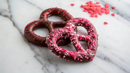 Delicious chocolate pretzels with pink sprinkles on white marble backgroundの写真素材