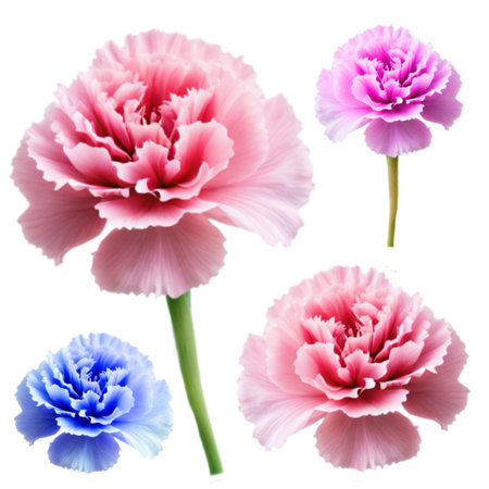 Set of pink and blue carnation flowers isolated on white background.の写真素材