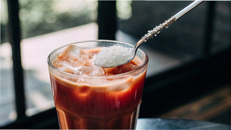 Iced coffee in a glass on a wooden table in a cafeの写真素材