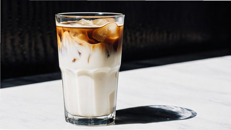 Iced coffee with milk in a glass on a white table.の写真素材