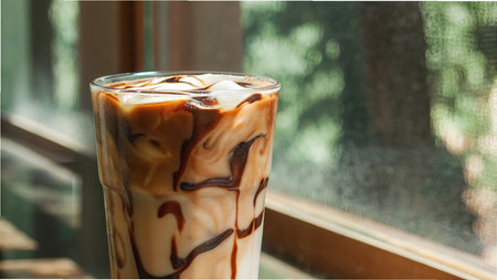 Iced coffee in a glass on the windowsill. Selective focus.