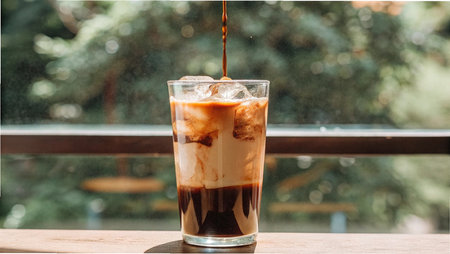 Iced coffee in a glass on the table. Selective focus.