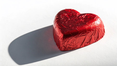 Heart-shaped chocolate candy wrapped in red foil on white background with hard shadowの写真素材