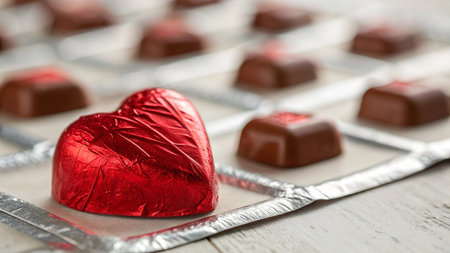 Chocolate candies in heart shaped foil on a white wooden background