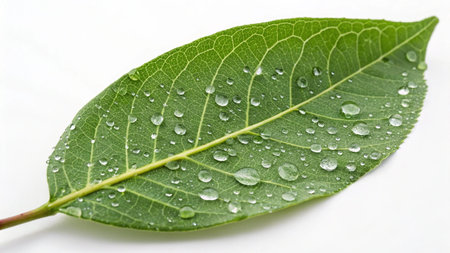 Green leaf with water droplets on white background, macro shot.