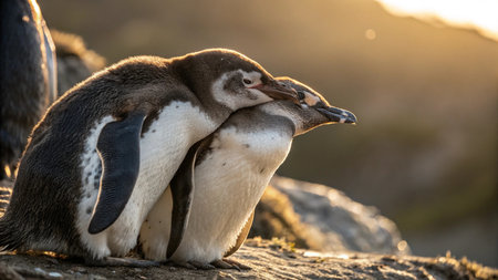 African penguins (Spheniscus demersus) on the rocks at sunset. South Africa
