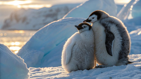 Penguins on the ice floe at sunset, Antarctic Peninsulaの写真素材