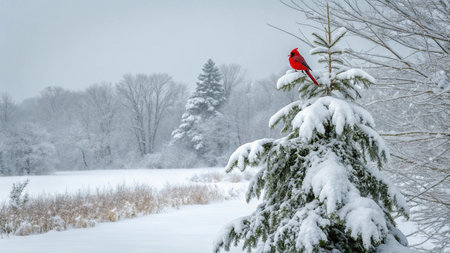 Winter landscape with a red cardinal bird on a spruce branch.の写真素材