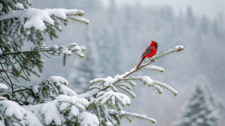 Northern Cardinal (cardinalis cardinalis) perched on a pine branch in winter