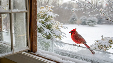 Northern Cardinal (cardinalis cardinalis) perched on a window sill in winterの写真素材