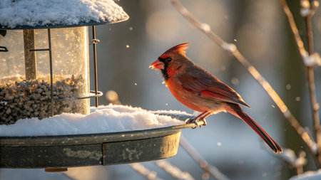 Male Northern Cardinal (cardinalis cardinalis) on a bird feeder in winterの写真素材