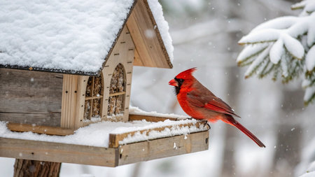 Male cardinal (cardinalis cardinalis) on a bird feeder in winterの写真素材