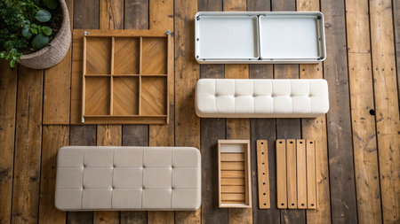 Top view of modern living room interior with sofa and wooden shelves.の写真素材