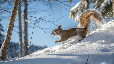 Squirrel in the winter forest. Wildlife scene from wild nature.の写真素材