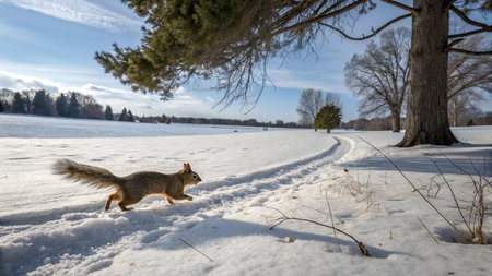 Squirrel in the snow in the park. Winter landscape with a squirrel.の写真素材