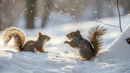 Squirrels on the snow in winter forest. Wildlife scene from nature.の写真素材