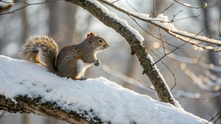 Squirrel on a tree branch in the winter forest. Wildlife scene from nature.の写真素材