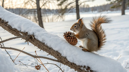 Squirrel in the winter forest with a pine cone in his hand