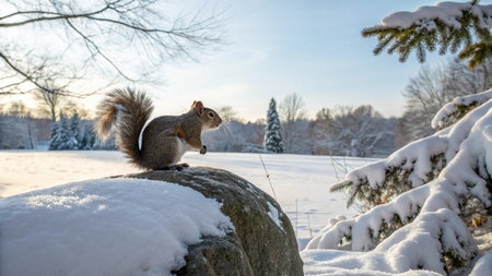 Squirrel on a rock in winter forest. Winter scene with wild animal.の写真素材