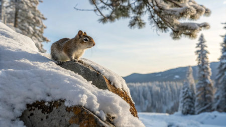 Squirrel sitting on a rock in the winter forest, Canada.の写真素材