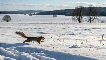 Wildlife running on snowy field with forest in the background. Winter landscape.の写真素材